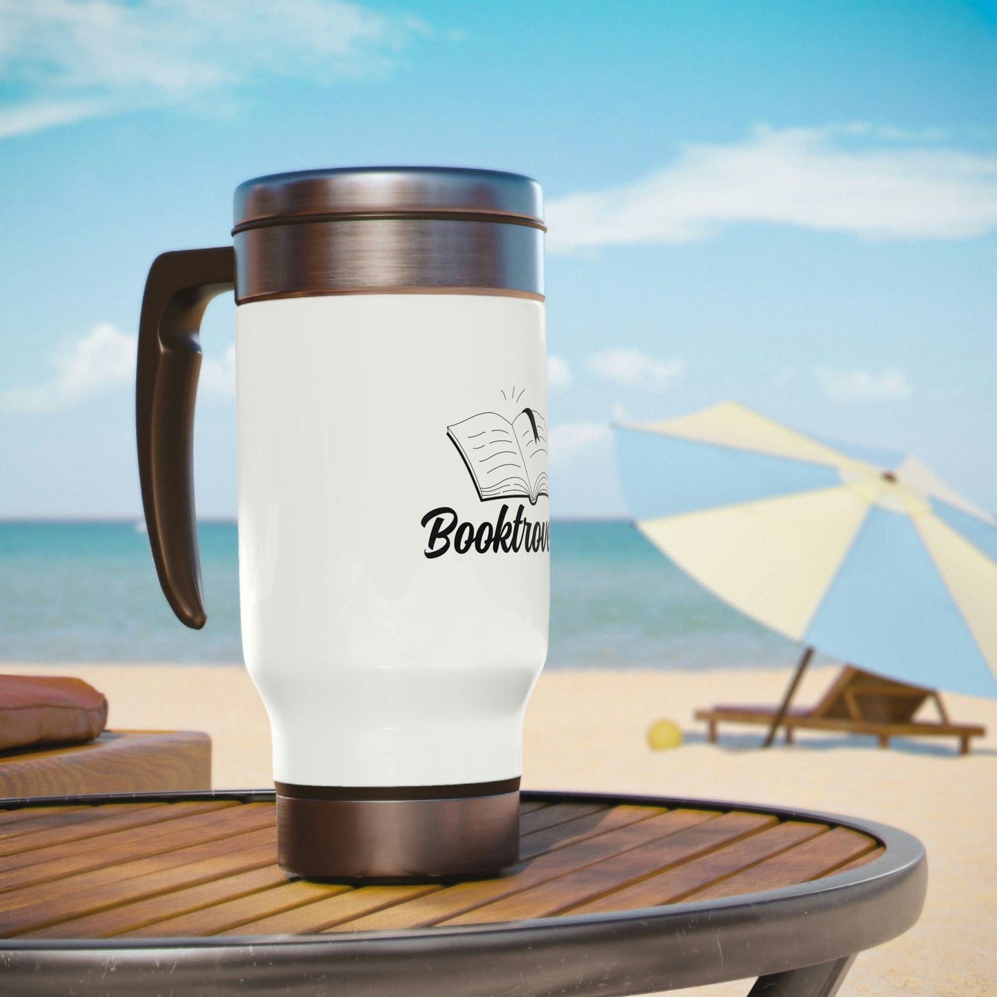 "Booktrovert" Stainless Steel Travel Mug with Handle, 14oz