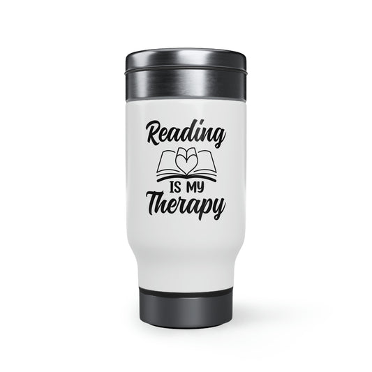"Reading Is My Therapy" Stainless Steel Travel Mug with Handle, 14oz