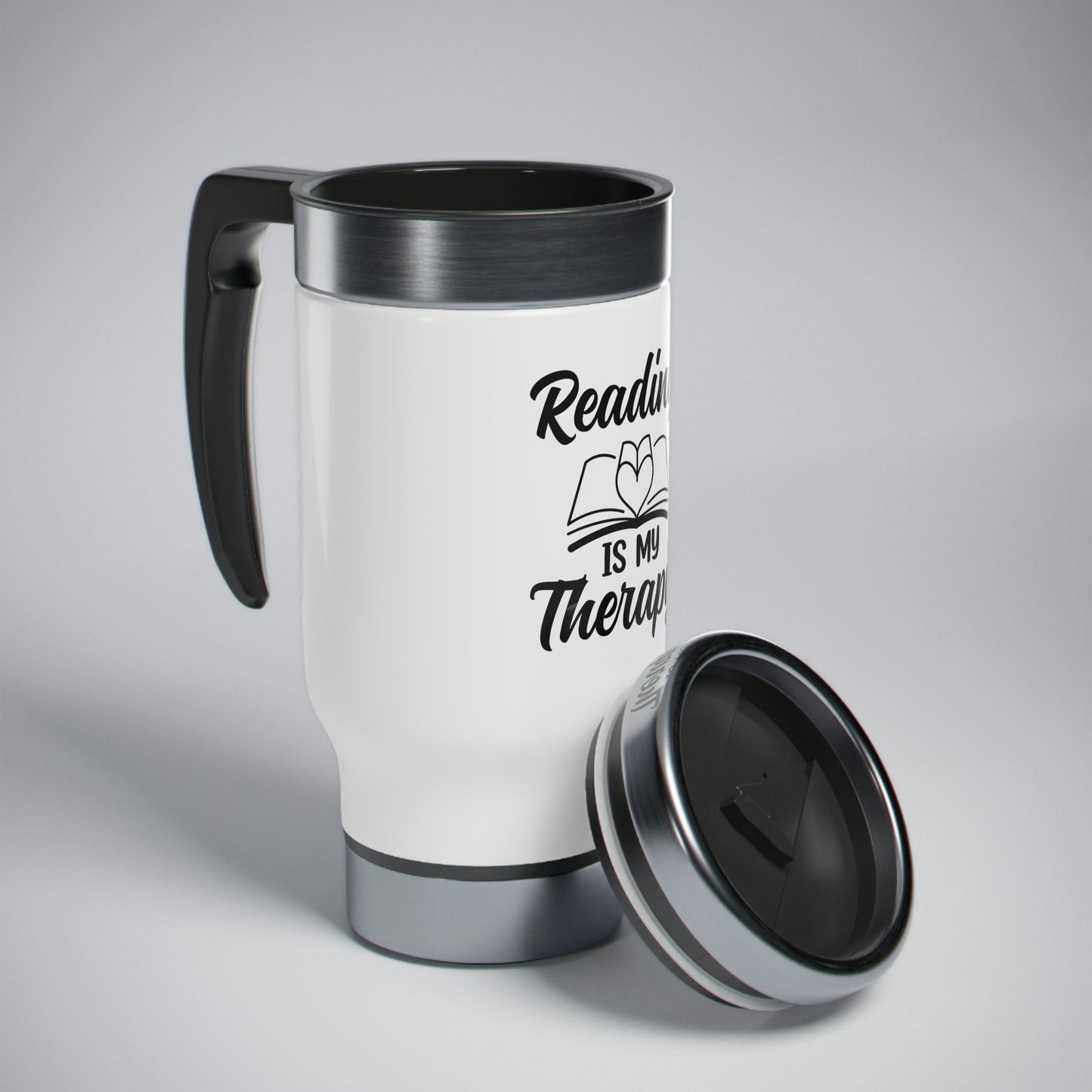 "Reading Is My Therapy" Stainless Steel Travel Mug with Handle, 14oz