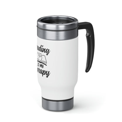 "Reading Is My Therapy" Stainless Steel Travel Mug with Handle, 14oz