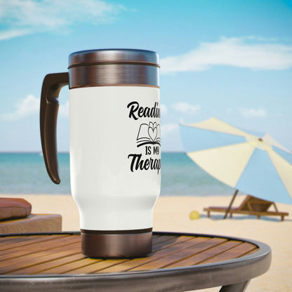 "Reading Is My Therapy" Stainless Steel Travel Mug with Handle, 14oz