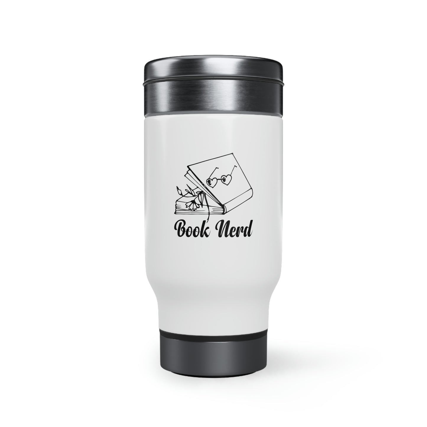 "Book Nerd" Stainless Steel Travel Mug with Handle, 14oz
