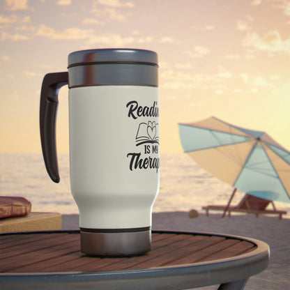 "Reading Is My Therapy" Stainless Steel Travel Mug with Handle, 14oz